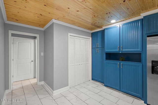 kitchen featuring blue cabinetry, wooden ceiling, and stainless steel fridge with ice dispenser