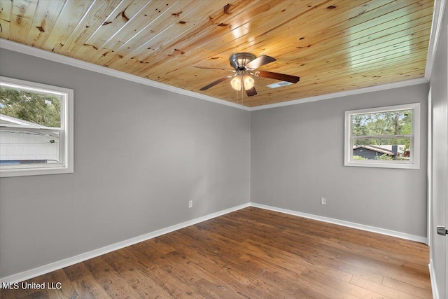 spare room featuring crown molding, ceiling fan, wood-type flooring, and wooden ceiling