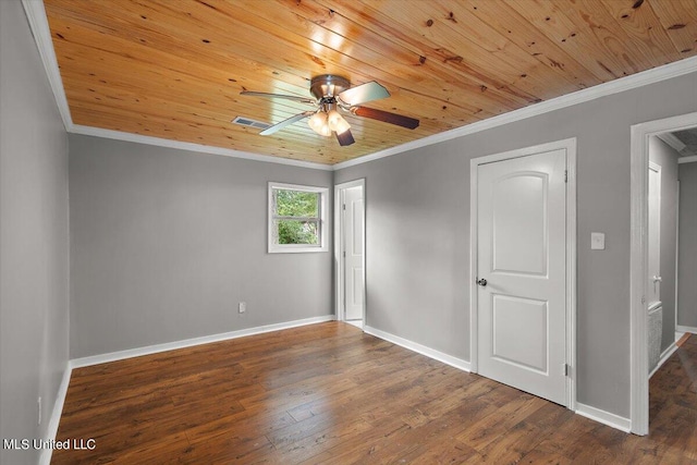 spare room with ornamental molding, dark hardwood / wood-style floors, wooden ceiling, and ceiling fan