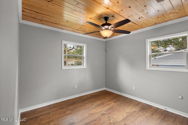 unfurnished room with crown molding, ceiling fan, wood ceiling, and dark hardwood / wood-style flooring