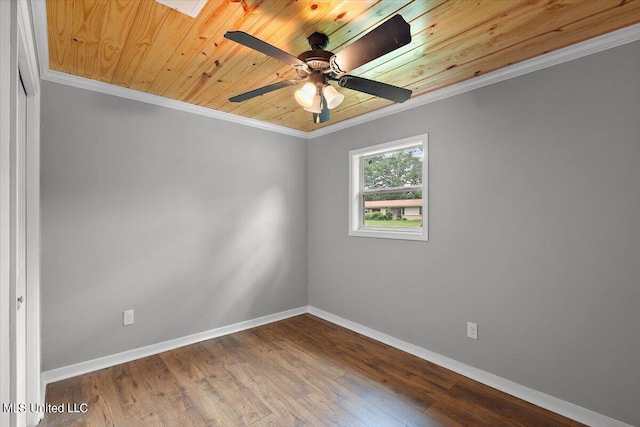 empty room with crown molding, hardwood / wood-style flooring, wooden ceiling, and ceiling fan