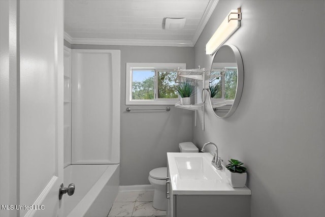 full bathroom with vanity, ornamental molding, toilet, and tub / shower combination