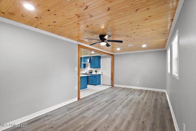 unfurnished living room featuring crown molding, wood ceiling, light hardwood / wood-style floors, and ceiling fan