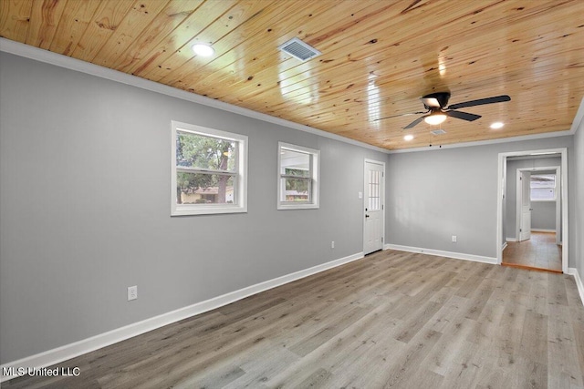 empty room featuring light hardwood / wood-style floors, ornamental molding, wood ceiling, and ceiling fan