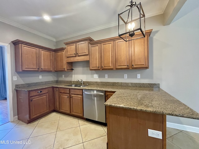 7309 Gerralyn Cv, Olive Branch, MS 38654 - kitchen with dishwasher, a peninsula, light tile patterned flooring, brown cabinetry, and crown molding