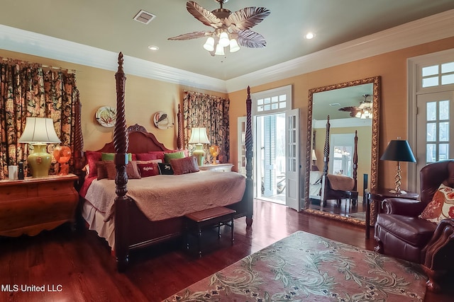 bedroom featuring access to exterior, ceiling fan, dark wood-type flooring, and ornamental molding