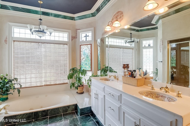 bathroom with vanity, ornamental molding, shower with separate bathtub, and an inviting chandelier