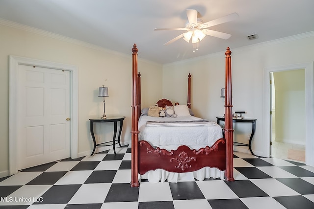 bedroom with ceiling fan and crown molding