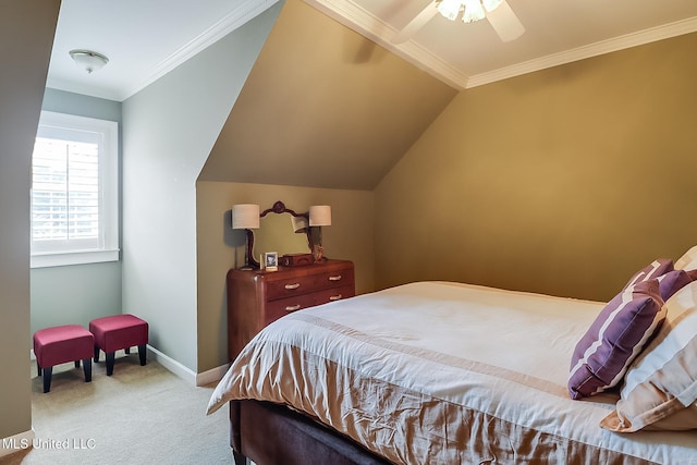 bedroom with ceiling fan, light colored carpet, lofted ceiling, and crown molding