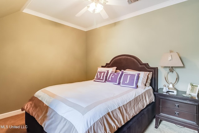 carpeted bedroom featuring ceiling fan, crown molding, and vaulted ceiling