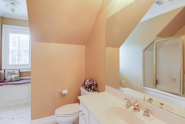 bathroom featuring toilet, vanity, and vaulted ceiling