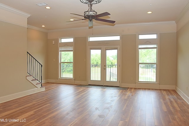 30 Oak Alley Ln, Long Beach, MS 39560 - empty room with ceiling fan, stairway, wood finished floors, ornamental molding, and recessed lighting