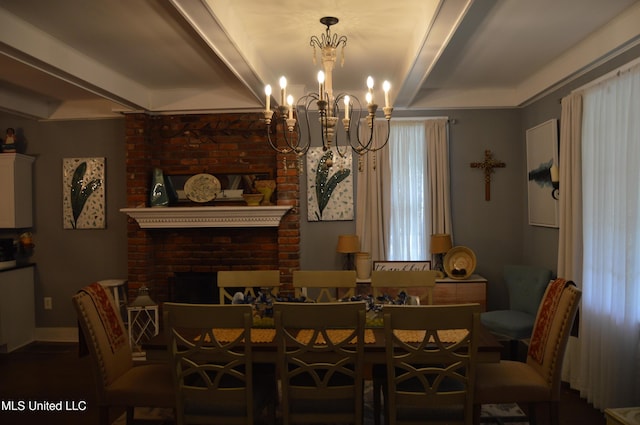 dining room featuring beamed ceiling and a notable chandelier