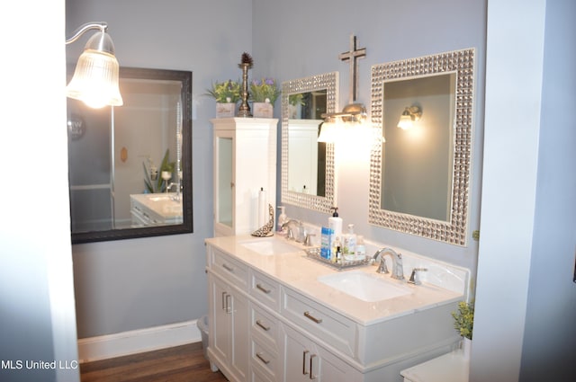 bathroom with vanity and wood-type flooring