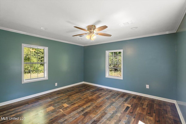 unfurnished room featuring crown molding, dark hardwood / wood-style floors, and ceiling fan