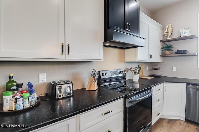 118 Sea Oaks Blvd, Long Beach, MS 39560 - kitchen with electric range, stainless steel dishwasher, premium range hood, white cabinets, and open shelves