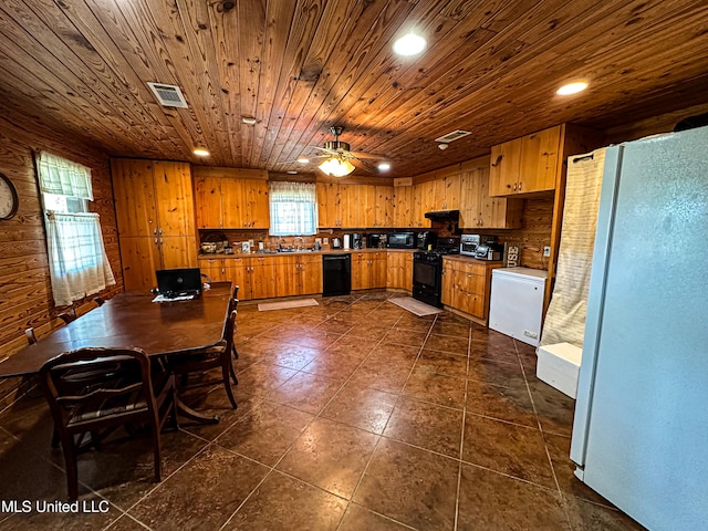 106 Crockrell Rd, Lexington, MS 39095 - kitchen with wood ceiling, black appliances, ceiling fan, tasteful backsplash, and wood walls