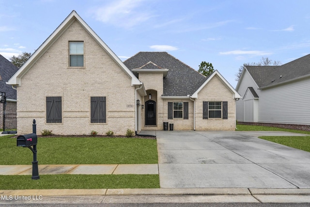 view of front of home with brick siding, concrete driveway, a front yard, and a shingled roof