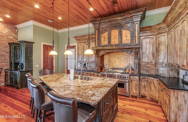 kitchen with sink, light hardwood / wood-style flooring, decorative light fixtures, and double oven range