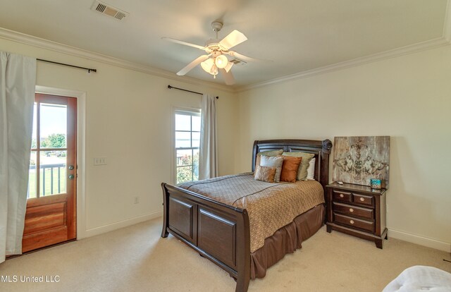 carpeted bedroom with ornamental molding, access to exterior, and ceiling fan