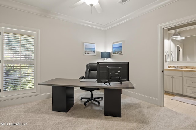 133 Sycamore Rdg, Madison, MS 39110 - home office with ornamental molding, plenty of natural light, light carpet, a ceiling fan, and a sink