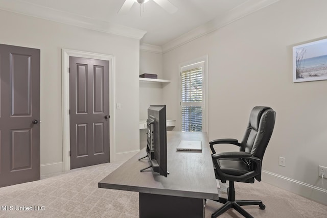 133 Sycamore Rdg, Madison, MS 39110 - office area featuring crown molding, light carpet, a ceiling fan, and baseboards