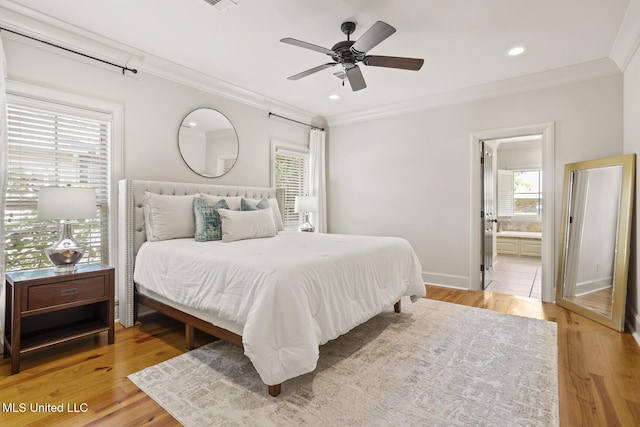 133 Sycamore Rdg, Madison, MS 39110 - bedroom featuring ornamental molding, light wood-style flooring, ensuite bath, ceiling fan, and recessed lighting