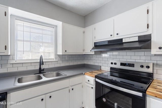 kitchen with stainless steel electric stove, a sink, white cabinets, under cabinet range hood, and tasteful backsplash