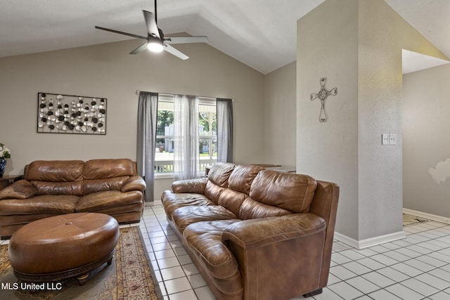 4504 E Magnolia Cv, Diberville, MS 39540 - living room with vaulted ceiling, light tile patterned floors, and ceiling fan