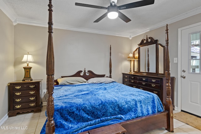 4504 E Magnolia Cv, Diberville, MS 39540 - bedroom with light tile patterned floors, crown molding, baseboards, a ceiling fan, and a textured ceiling