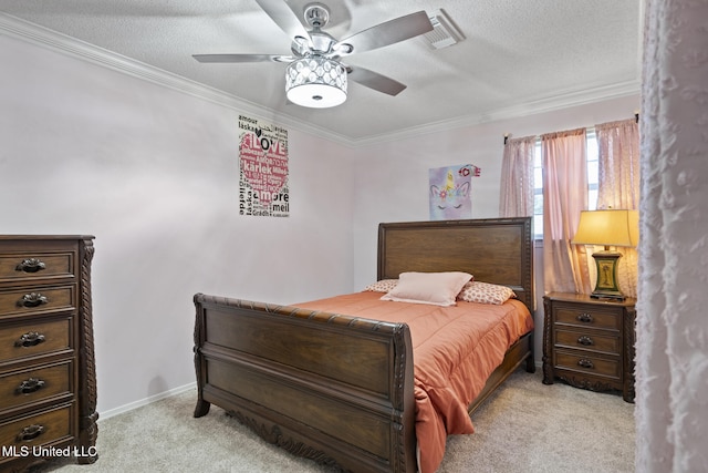 4504 E Magnolia Cv, Diberville, MS 39540 - bedroom featuring light colored carpet, crown molding, a textured ceiling, a ceiling fan, and baseboards