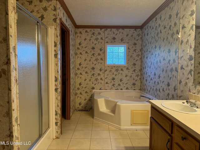 390 Green Rd, Yazoo City, MS 39194 - bathroom with a shower stall, a textured ceiling, wallpapered walls, and crown molding