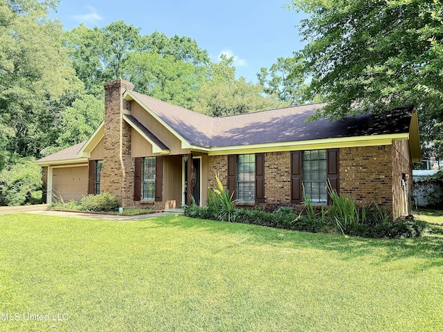 214 Casa Grande Dr, Clinton, MS 39056 - ranch-style house featuring an attached garage, a chimney, brick siding, and a front yard