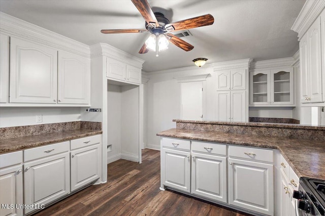 125 Lakeview Dr, Canton, MS 39046 - kitchen with a ceiling fan, white cabinetry, range with gas stovetop, dark countertops, and dark wood finished floors