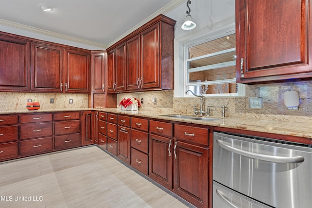 kitchen featuring tasteful backsplash, light stone counters, stainless steel dishwasher, crown molding, and sink