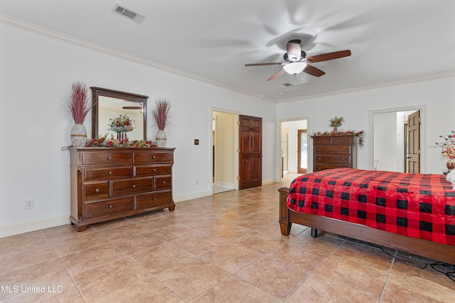 bedroom featuring ceiling fan and ornamental molding