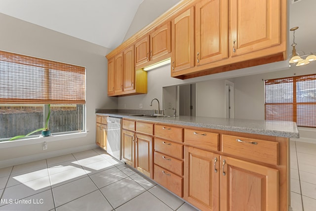 kitchen with lofted ceiling, decorative light fixtures, sink, white dishwasher, and light tile patterned floors