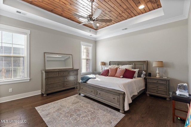 bedroom with visible vents, a raised ceiling, baseboards, dark wood-style floors, and wood ceiling