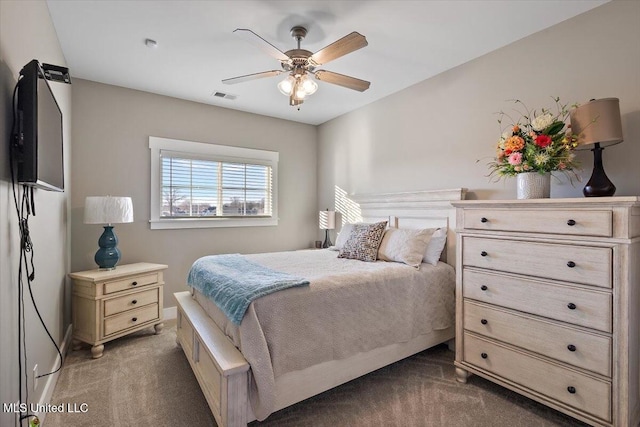 bedroom featuring ceiling fan, dark carpet, and visible vents