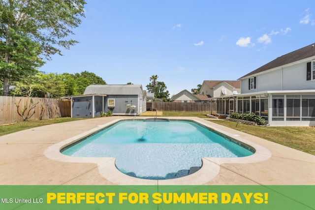 9000 Spring Ave, Ocean Springs, MS 39564 - view of swimming pool with a fenced backyard, a fenced in pool, an outdoor structure, and a sunroom