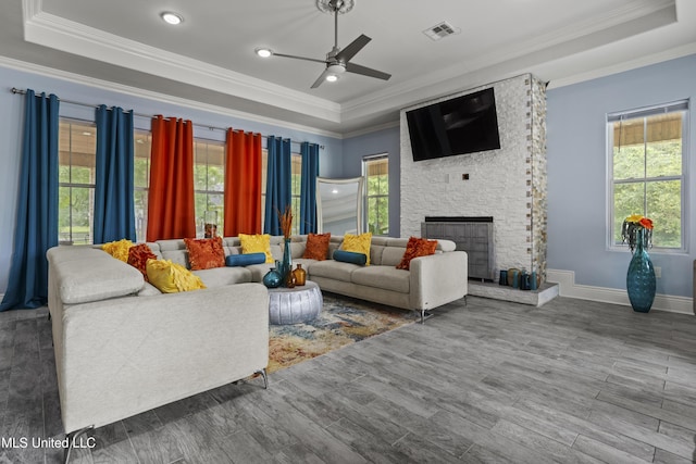 living area featuring a raised ceiling, crown molding, ceiling fan, a fireplace, and wood finished floors