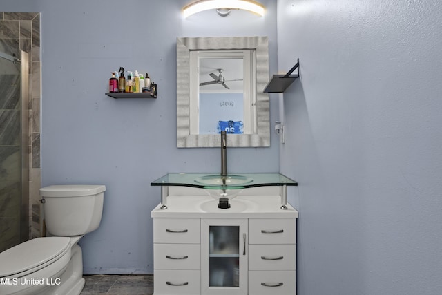 full bath featuring toilet, vanity, and tiled shower