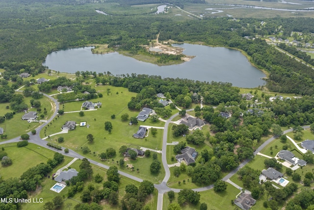 aerial view of a nearby body of water and a heavily wooded area