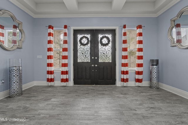 foyer entrance featuring wood finished floors, french doors, coffered ceiling, beamed ceiling, and baseboards