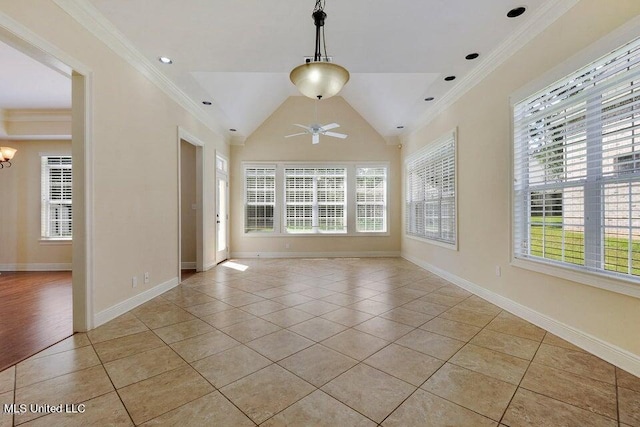 tiled empty room featuring crown molding, a wealth of natural light, and ceiling fan with notable chandelier