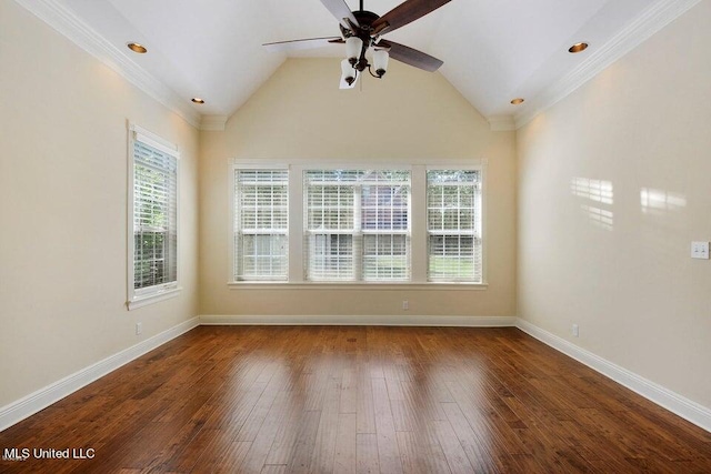 spare room featuring lofted ceiling, ceiling fan, hardwood / wood-style flooring, and plenty of natural light