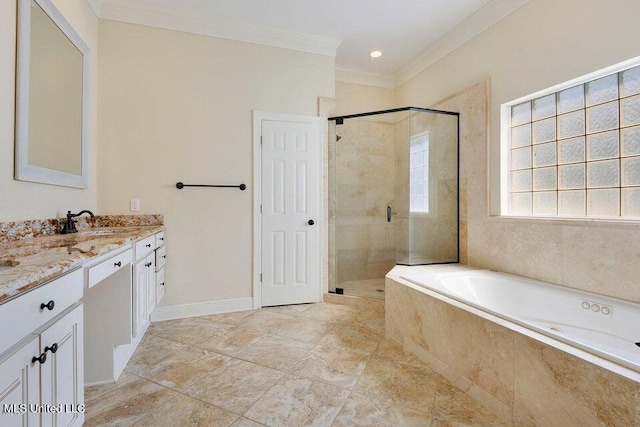 bathroom with vanity, crown molding, and separate shower and tub