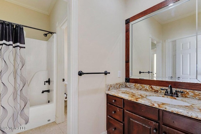 bathroom featuring vanity, tile patterned floors, ornamental molding, and shower / bathtub combination with curtain