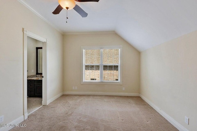 bonus room featuring lofted ceiling, light colored carpet, and ceiling fan