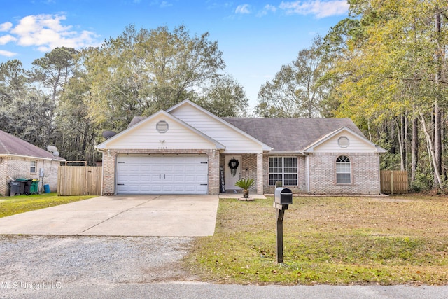 ranch-style home featuring a garage and a front lawn